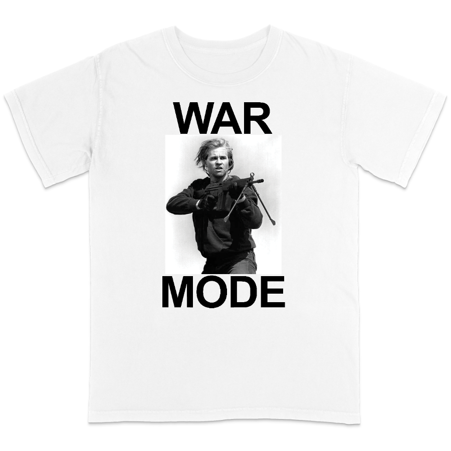 White t-shirt with a graphic of a person holding a rifle and 'WAR MODE' text on a white background