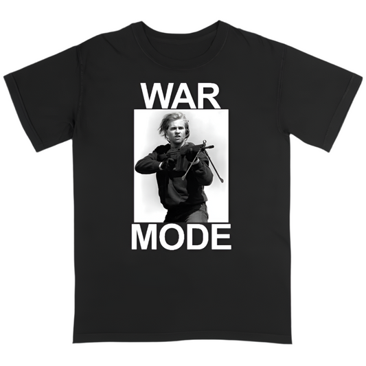 Black t-shirt with a graphic of a person holding a rifle and the text 'WAR MODE' on a dark background.