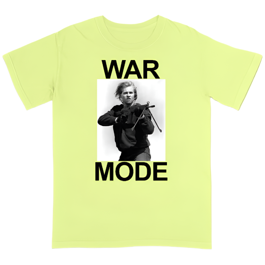 Light green t-shirt with a graphic of a person holding a rifle and text 'WAR MODE' on a yellow background.