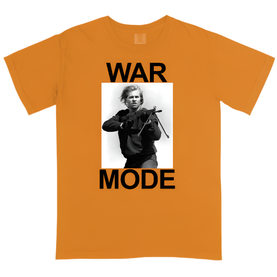 Orange t-shirt with a graphic of a person holding a rifle and text 'WAR MODE' on an orange background