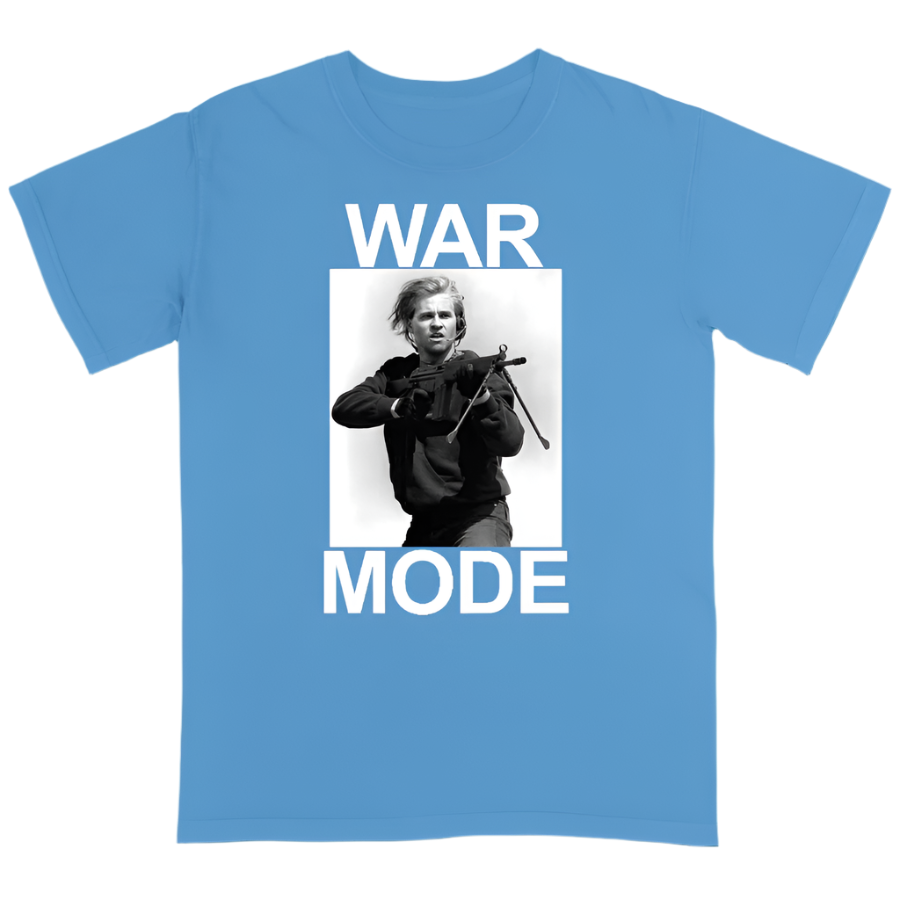 Blue t-shirt with a graphic of a person holding a rifle and the text 'WAR MODE' on a blue background