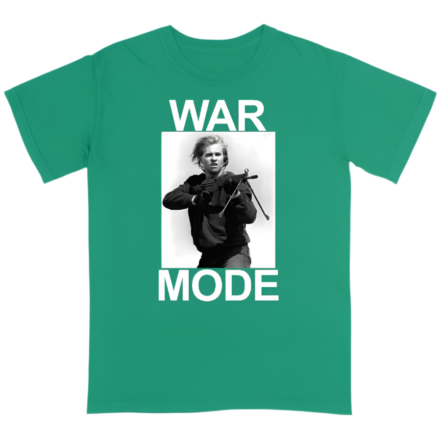 Green t-shirt with a graphic of a person holding a rifle and 'War Mode' text on a green background