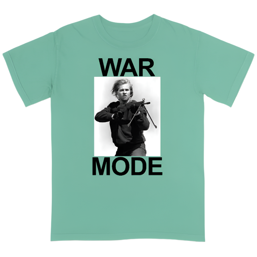 T-shirt with a graphic of a person holding a rifle and the text 'WAR MODE' on a green background