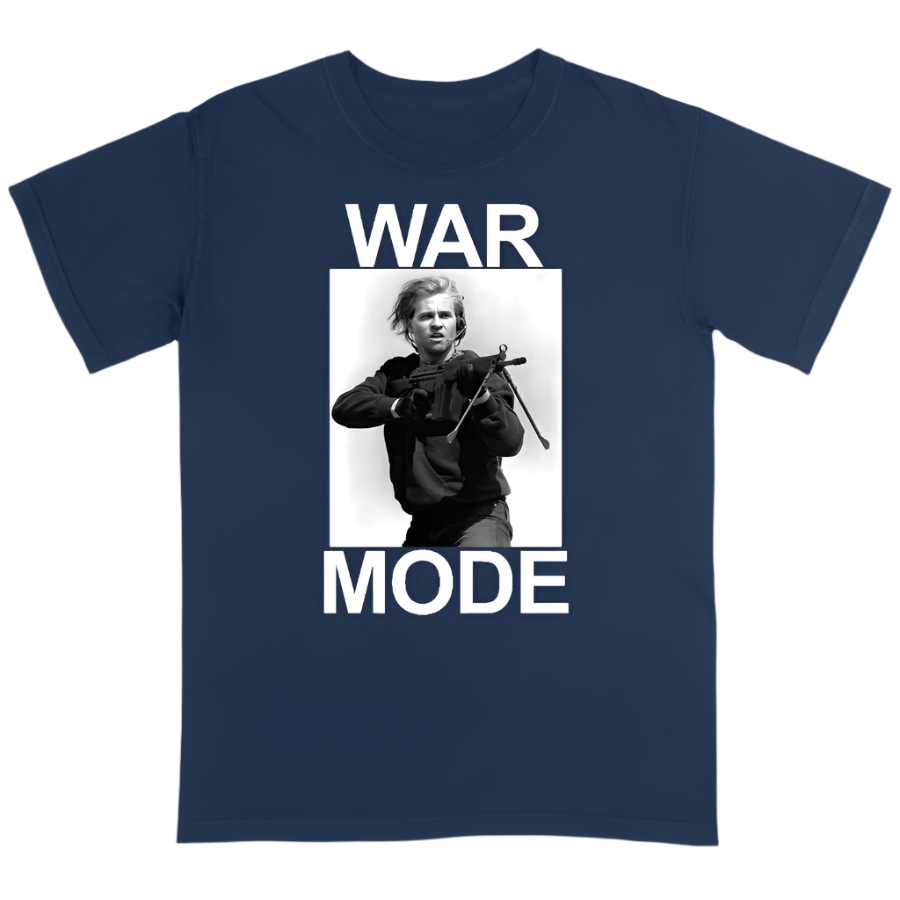 Navy blue t-shirt with a graphic of a person holding a rifle and 'WAR MODE' text on a dark blue background