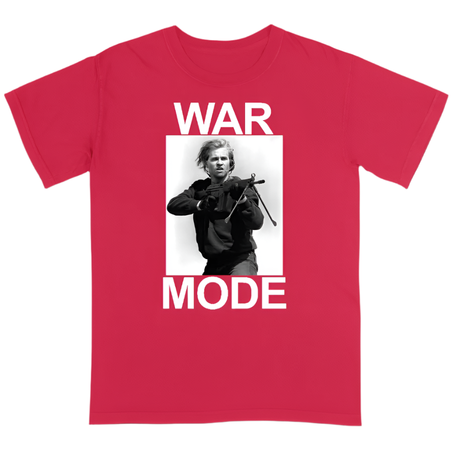 Red t-shirt with a graphic of a person holding a rifle and 'WAR MODE' text on a red background