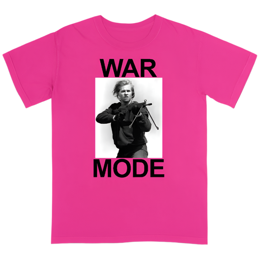 Pink t-shirt with a graphic of a person holding a rifle and the text 'WAR MODE' on a pink background.