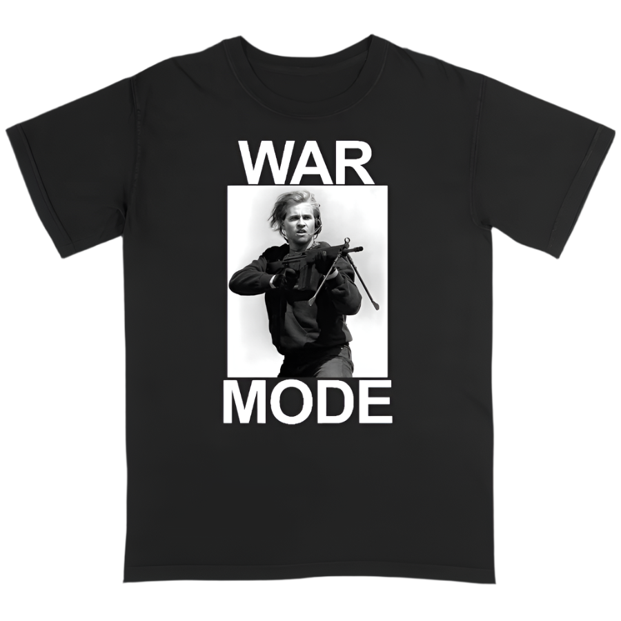 Black t-shirt with a graphic of a person holding a rifle and the text 'WAR MODE' on a dark background.